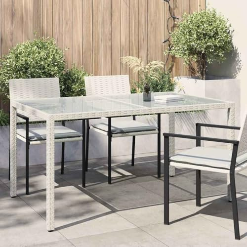 SKTQYQO Table de jardin en polyrotin blanc avec plateau en verre trempé 5 cm, structure en acier revêtu par poudre, dimensions 150 x 90 x 75 cm, résistante et facile à nettoyer