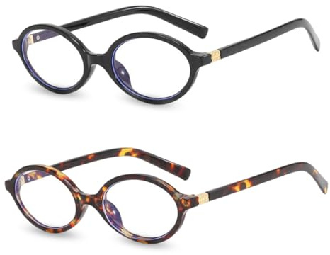 ROKZELT 2 Stücks Brille Damen Retro Brillenrahmen ohne Sehstärke für Damen, ovale, Blaulichtfilter kleine Sonnenbrille für Damen und Herren, modische Retro-90er-Vintage-Brille, Schwarz&Braun