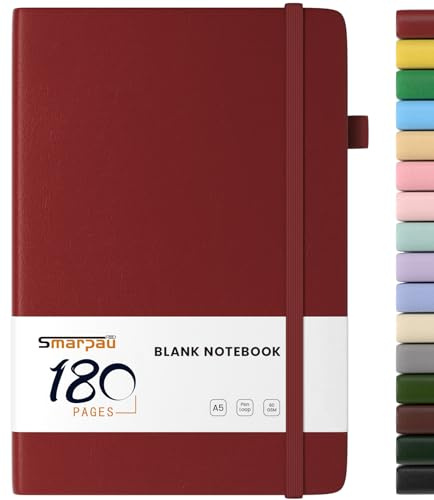 Smarpau Notizbuch A5, Hardcover Blanko Journal mit 180 Seiten Papier | Leder Tagebuch, Collegeblock Notebook a5 für Mädchen, Reisetagebuch, Planen, Lernen, Schreiben, 14.5 x 21cm- Rot