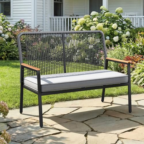 Clevich Gartenbank Rattan, 2-Sitzer Gartenbank Polyrattan, Outdoor, Grau | Gartenmöbel Metall und Rattan, Wetterfest, mit 8 cm dicken Sitzkissen, Metal Frame WPC Armrest, für Terrasse, Garten Veranda