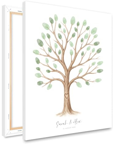 HEI Print Gästebuch Hochzeit Fingerabdruck Baum auf Leinwand | Personalisiert mit Namen & Datum | Hochzeitsgeschenk, Alternative zum Gästebuch | Für Hochzeit, Taufe & Geburtstag | 30x40 cm