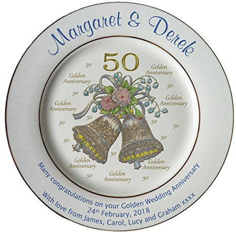 All About Names Personalised Golden Wedding Anniversary plate with 2 gold bands - Bells + 50 design