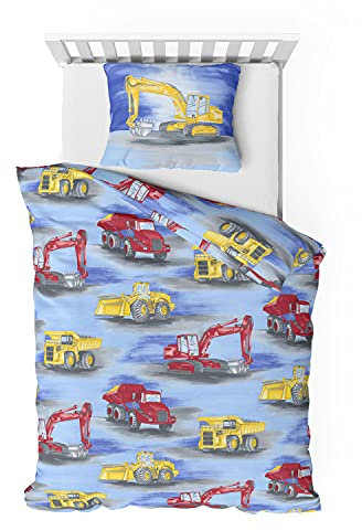 Träumschön Biber Bettwäsche Set 2tlg 135x200 cm + 80x80 cm – Flauschige Kinderbettwäsche Jungen – Weiche Winterbettwäsche mit Baufahrzeugen - Atmungsaktiv, Warm & Hautfreundlich - 100% Baumwolle