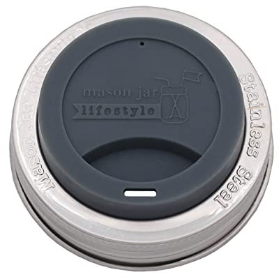 Mason Jar Lifestyle Silicone Drinking Lids with Rustproof Stainless Steel Straps (Pack of 2, Anthracite, Regular Mouth)