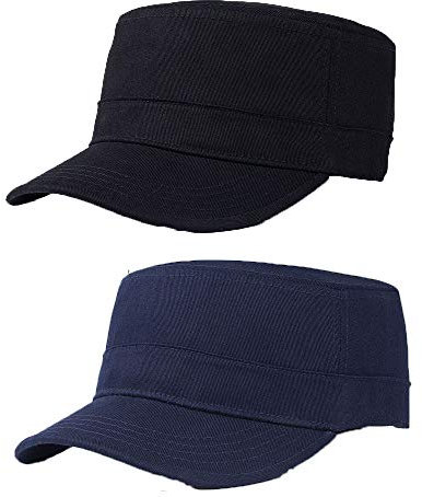 Ritte 2 Stück Flache Baseballkappe, Baumwoll Armeekappe, Kadettenhut, Flache Baumwollkappe, Verstellbare Flache Baseballkappe für Männer und Frauen (Schwarz, Marine)
