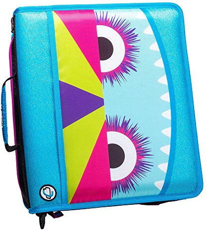 Case-it Z-176-ME Monster-Eye-Reißverschluss-Ordner, 3,8 cm D-Ringe, Schultergurt, hellblau und lila