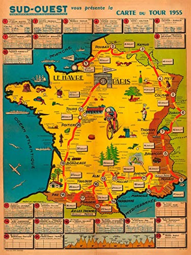 Inga 1955 Tour de France Landkarte Poster Special Edition Vintage Fahrrad Poster Radfahren niedliches Schild Schlafzimmer Retro Cafe Store Metallschild Poster 20,3 x 30,5 cm