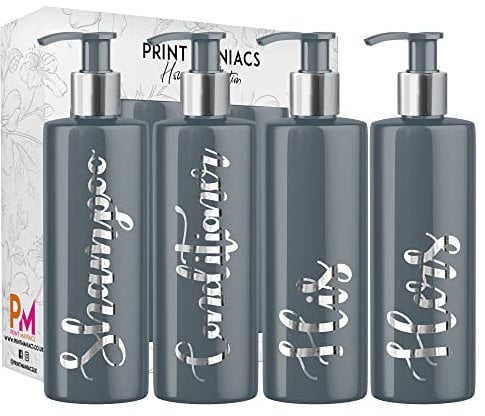 Print Maniacs Grey Mrs Hinch Inspired Personalised 500ml Pump Bottles Bathroom Lotion Kitchen Set Shampoo Conditioner (Set 4 His Her) (Silver)