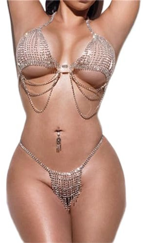 Diamante Catena del Petto Reggiseno Mutandine Scintillante Strass Catena del Corpo Cristallo Bikini Gioielli sul Petto Biancheria Intima Donna Sexy Abbigliamento da Discoteca (Argento)