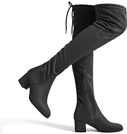 DREAM PAIRS Stivali sopra Il Ginocchio da Donna con Gambo Lungo in Pelle Scamosciata Caldi al Ginocchio con Tacco a Blocco da 5 cm Grigio/Scamosciato Laurence-E Taglia 37 (EUR)