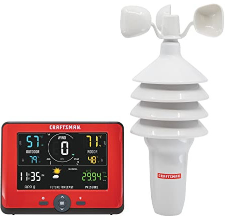CRAFTSMAN Personal Weather Station with Indoor/Outdoor Temperature and Humidity Readings, Wind Speed Measurement, Hyperlocal Forecasting, Backlit Color Display, and Built-in Barometer (CMXWDCR01543)