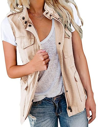 shownicer Damen Übergangsjacke Sommer Weste Stehkragen Mehr Taschen Utility Jacket Leicht Sommerjacke Boyfriend Parka Reißverschluss Ärmellose Jacke A Beige XL