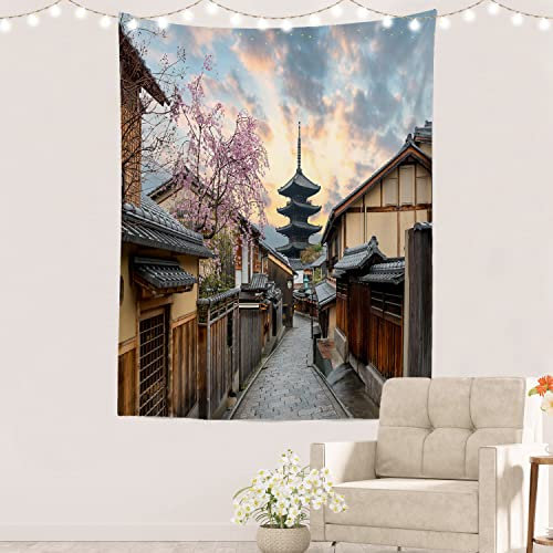 Batmerry Tapisserie japonaise de scène de rue, décoration murale à suspendre en fibre de polyester blanche avec volants autour pour dortoir, chambre à coucher, salon, 210 x 150 cm