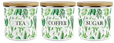 Purely Home Kitchen Herbs Tea Coffee Sugar Canister Set - White & Green Metal Enamel Kitchen Food Storage Containers