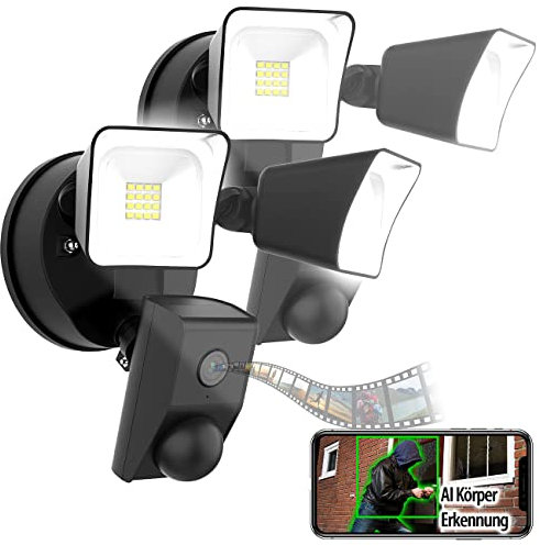 VisorTech Überwachung Kamera WLAN: 2er-Set 2K-Kamera, 2 LED-Strahler, 2.400lm, Sirene, WLAN, App (Überwachungs-Kamera Nachtsicht, Überwachungskamera mit Fluter)