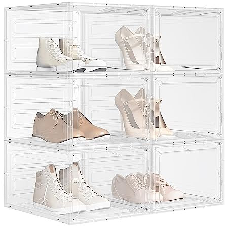 WOLTU Schuhboxen stapelbar 6er Set, Schuhkarton mit magnetischer Tür, Schuhkasten, Schuhaufbewahrungsbox transparent, für Schuhe bis Größe 46 Sneaker High Heel, aus Kunststoff