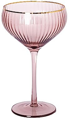 Mary Square 47881 Gold Rim 5 Ounce Durable Ribbed Glass Stemmed Coupe Champagne Wine Cocktail Drink Beverage Cup, Bar Cart Accessory, Everyday & Party Drinkware, Kitchen Home Décor, Mauve Pink
