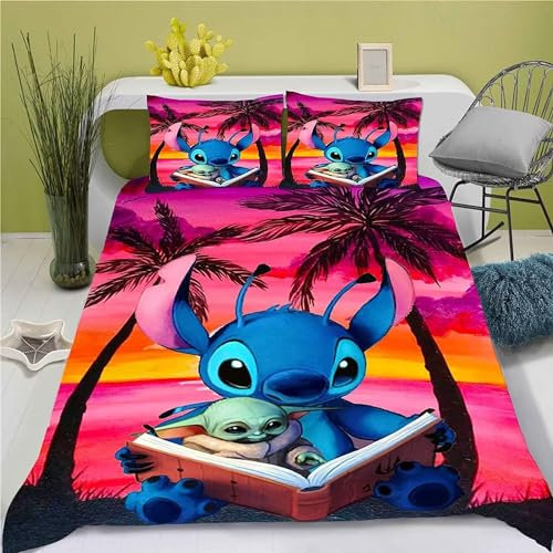 WINUO Anime Lilo & Stitch Bettwäsche Sets 135x200cm, Bettbezug mit 1 Kissenbezug 80 x 80cm Mikrofaser,3-Teiliges Set