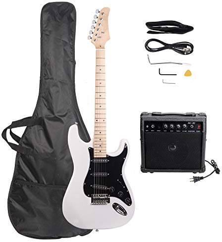 Trayoz Full-Size Electric Guitar Kit with 20Watt Amp, SSS Pickups Beginner Electric Guitars Kit W/All Accessories Strap, Gig Bag & Cable (White)