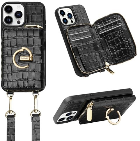 CUSTYPE Für iPhone 15 Pro Max Hülle, Handyhülle für iPhone 15 Pro Max Hülle mit Band Hülle aus Mikrofaserleder mit Geldbörse und Ständer, Handykette Hülle Für Apple iPhone 15 Pro Max Schwarz 6,7”