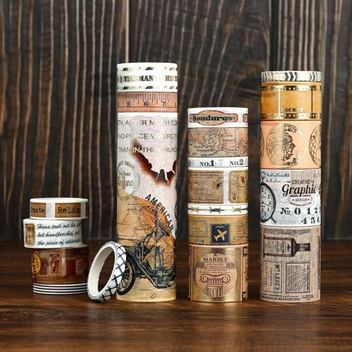 NOGAMOGA Washi Tape Set, 20 Rollen Vintage Washi-Tape, Scrapbooking Zubehör, Breit Bastelband mit goldenen Akzenten, Washi Tapes für Journaling Fotoalbums Basteln Geschenkverpackungen