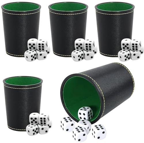 5 Pack Leather Dice Cup Set with 25 Dices,Deluxe Leather Dice Shaker for Yahtzee Poker Dice, Perudo Playing Games-Premium Game Set for Family Fun, Parties & Game Nights