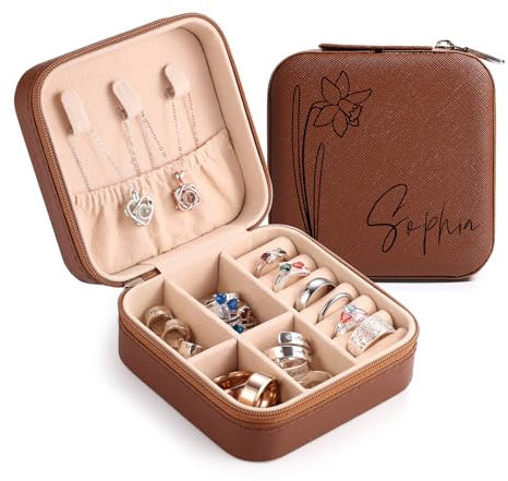 MeMeDIY Personalisierte Schmuckschatulle mit Namen/Blume Individuelles Leder Reise-Schmuckkästchen Schmuck-Organizer-Box Hochzeit Brautjungfer Geschenke für Frauen und Mütter A1-Braun