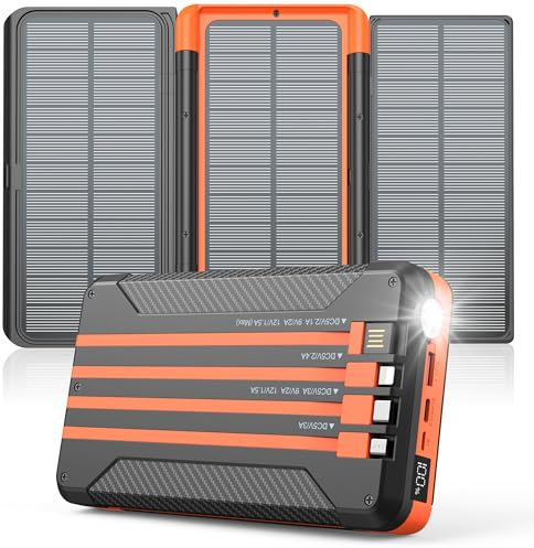 Cargador solar de 46800 mAh integrado, 4 cables, 3 paneles solares plegables, PD20W, cargador portátil de carga rápida, pantalla LED, entrada y salida USB, batería externa con luz SOS para camping