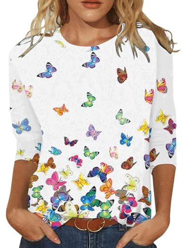 Maglia adatta da donna, girocollo, maniche a tre quarti, comoda camicetta con stampa floreale, t-shirt blu salopette da donna, bianco, XXL