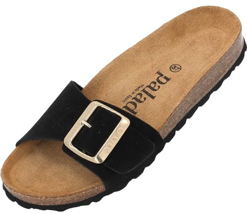 Palado Pantoletten Damen Malta EGS Velours Premium Leather - elegante Sandalen Made in Spain - Hausschuhe mit Kork-Fußbett - bequeme Sommerschuhe Schwarz UK5,5 - EU38