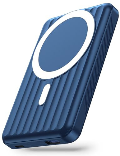 Azmuth Power Bank Magnético Bateria Externa 10000 mAh, Inalámbrico PD 22.5W Carga Rapida Portátil Powerbank con Pantalla LED USB-C Cable Compatible con iPhone 15/14/13/12 (Azul)