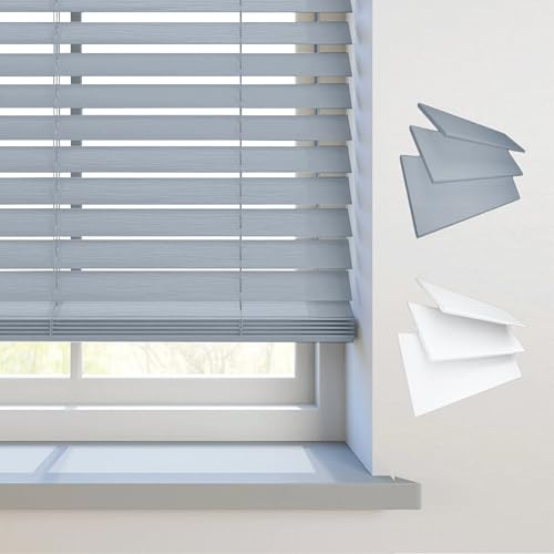 REHAN & CO Tenda veneziana per finestra in finto legno, a doghe da 50 mm, con cordino/nastro, guida in alluminio, tagliabile, sicura per bambini, per casa e ufficio (corda grigia, 75 x 150 cm)