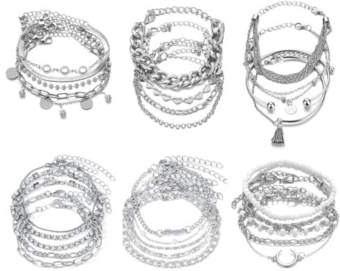 GoPaw Silver Boho Bracelet Sets 27Pcs Silver Bracelets Set Chain Bracelets Twist Bracelet for Women Girls (Silvery B)