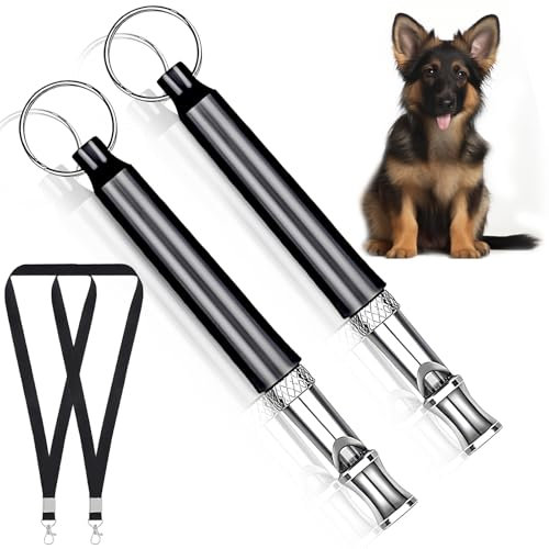 dellyy Hundepfeife, 2 Pack Hundepfeife Hochfrequenz Lautlos, Hundepfeife Gegen Bellen, Hundepfeife Rückruf, Verstellbare Hundepfeife, mit Lanyard (Black)