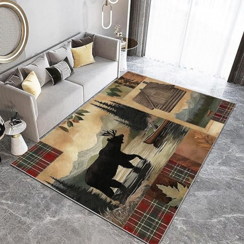 Teppich Wohnzimmer Patchwork-Design Holzhaus Schwarzbär Elch Teppich Flauschig Schlafzimmer Teppich Weich Esszimmer Teppich, Outdoor Teppich, Waschbarer Teppiche, Rutschfest Teppich, 60 x 120 cm