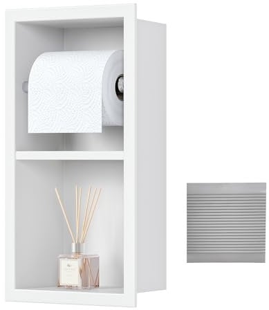 Qeke Einbau Toilettenpapierhalter, Nische WC-Papierhalter aus Edelstahl, Klopapierhalter mit WC Rollenhalter und Aufbewahren, Wandmontage, Doppelschicht, 34x18cm, Weiß