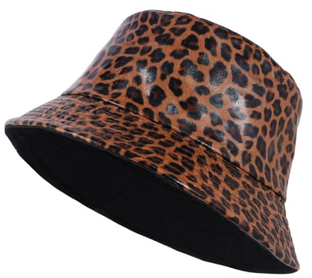 MILAKOO Eimer Hut Leopard Fischerhüte Reversibel Anglerhut für Damen Frauen Männer Unisex Leder Fischer Hut