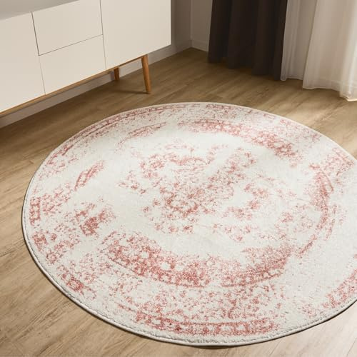 benuta Basic Teppich Sia - Creme/Rosa 120 cm rund - Kunstfaser - rund & im Style: Vintage, Boho-Style, Retro - Pflegeleicht für Wohnzimmer Schlafzimmer