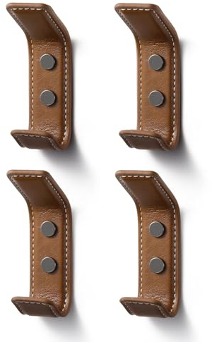 SORWDUERM 4 Pack Brown Leather Coat Hooks Wall for Hanging Rectangle Coat Hooks for Hanging Robe Towels Bags Hats Scarf Keys Clothes Suitable for Bedroom, Entryway and Closet