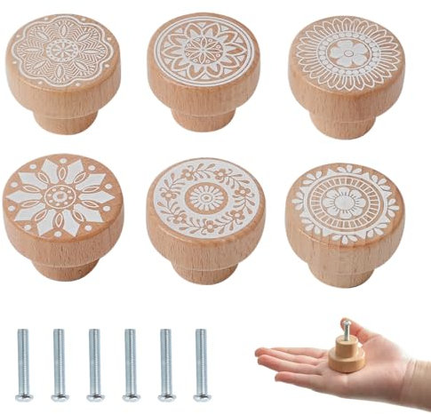OESSUF 6PCS böhmischen hölzernen Schrank Knöpfe, 35mm Runde Möbel Griff Schublade Tür Knöpfe ziehen Griffe für Schrank Garderobe Möbel Hardware