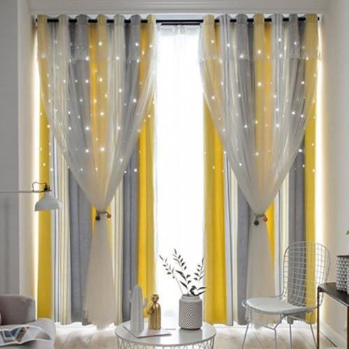 Lirzxin Blickdichte Gardinen mit Ösen 160 cm Lang, Vorhänge Verdunkelnd Grau Gelb Doppelschicht Streifen mit Garn Vorhang für Wohnzimmer Schlafzimmer Kinderzimmer 132x160 cm(B×H), 2er Set