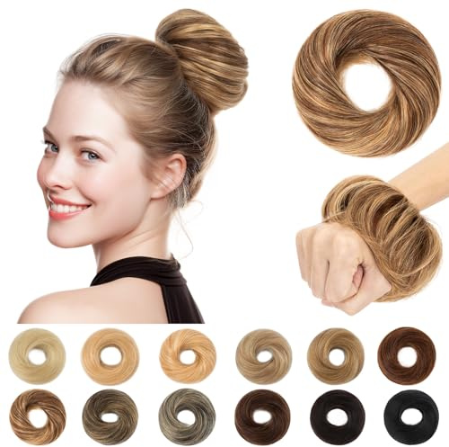 SEGO Pro Real Human Hair Messy Bun Scrunchie, Donut Bun Hair Piece for Women - Straight, 4/27 Medium Brown & Dark Blonde, Pack of 1