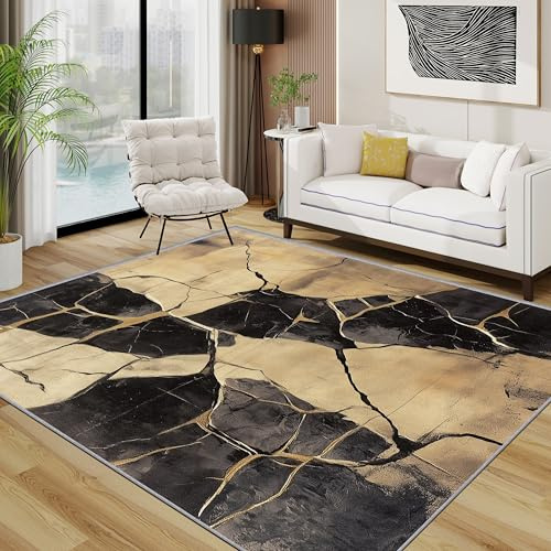 TerroVee Abstrakt Teppich Waschbar, Modern Schwarz Gold Teppich 80x150 cm, Vintage Kunst rutschfest Waschbar Pflegeleicht Teppiche Für Schlafzimmer Küche, Schwarz Gold
