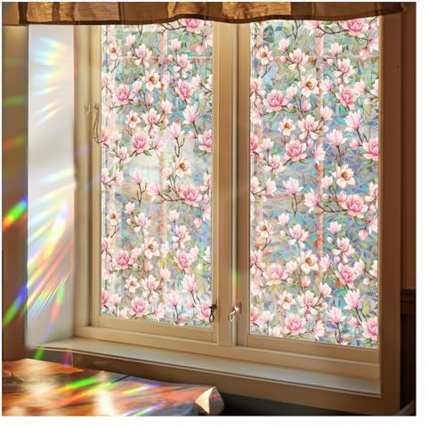 Window Privacy Film Rainbow Film Decorative Window Sticker, Green Vines Leaves Removable Static Cling Sticker Nature Pattern Tint for Glass Windows Door Decor(Pink Flower 100 * 43cm)