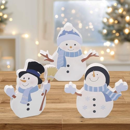 Weihnachtsdeko Tisch, 3 Stück Weihnachten Tischdeko Holz, Schneemann Figuren Tischdeko, Winter Holzdeko, Tisch Weihnachtsschmuck Holz für Fensterbank Weihnachtsfeiern Kaminsims Tischdeko Büro