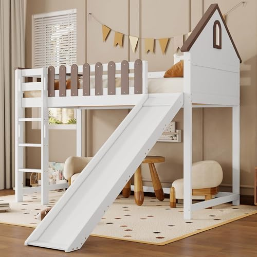 NADEUSAK Hochbett 90x200cm Mit Dach und Fenster dreistufige gerade Leiter Jugendbett Kinderbett mit Rutsche Kiefer+MDF Weiß+Walnuss