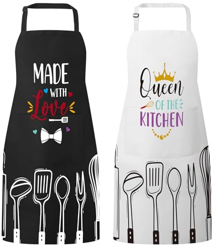 Meng Jiaran 2 Pack Couples Aprons Couples Cooking Apron with 2 Pockets | His and Hers Aprons as Valentine's Day Wedding Anniversary Engagement Bridal Shower Gift for Couples and Newlyweds
