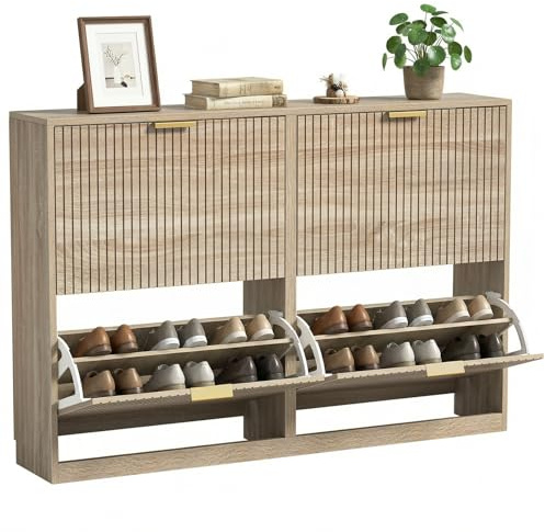 Wide Shoe Cabinet with 4 Flip Drawers Narrow Shoe Storage Unit for Entryway | Wooden Shoe Storage Cupboard with Fluted Door, Anti-Tip, Adjustable Shelves, for 16-20 Pairs Shoes for Hallway, Living Room