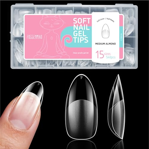 Medium Almond Nail Tips for Gel Extensions, 15 Sizes 540 Pcs Half Matte Full Cover Fake Nails for Manicure Salon Arts DIY Home