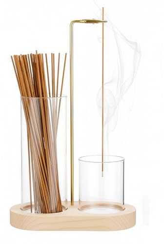 Räucherstäbchen Halter,Umgedrehter Holz Basis Incense Holder Räuchergefäß mit Glas Aschefänger,Abnehmbare Räucherstäbchen Halterung für Meditation,Zen,Yoga Spa,Heimbüro-Dekoration (Holz Farbe)
